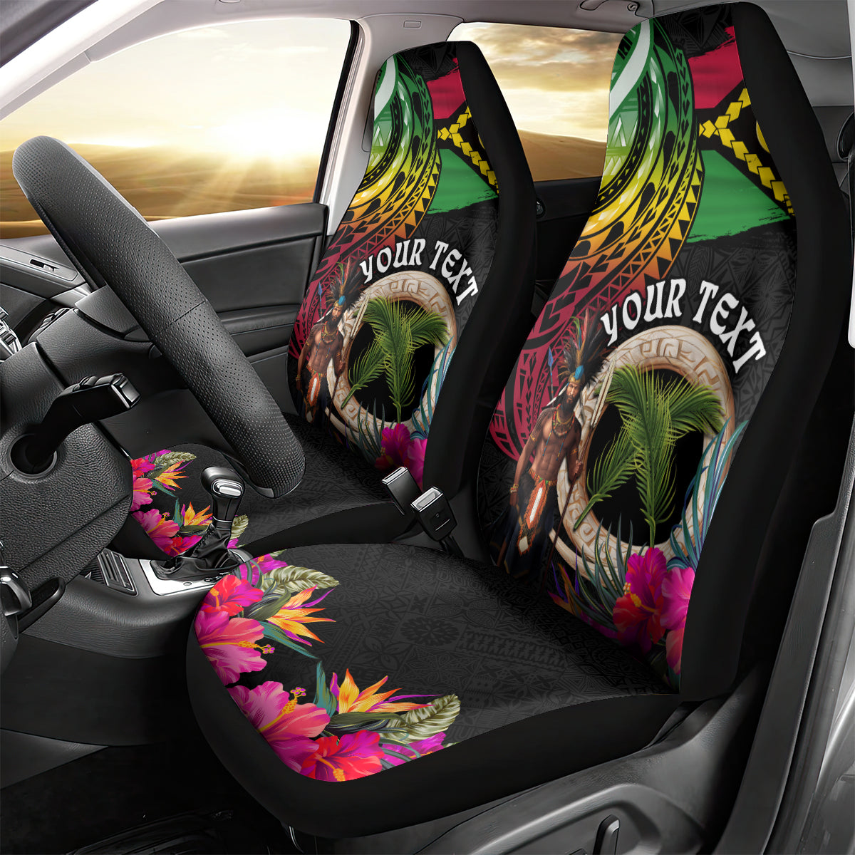 Personalised Vanuatu 44th Anniversary Car Seat Cover Boars Tusk and Melanesian Warrior Indipendens Dei