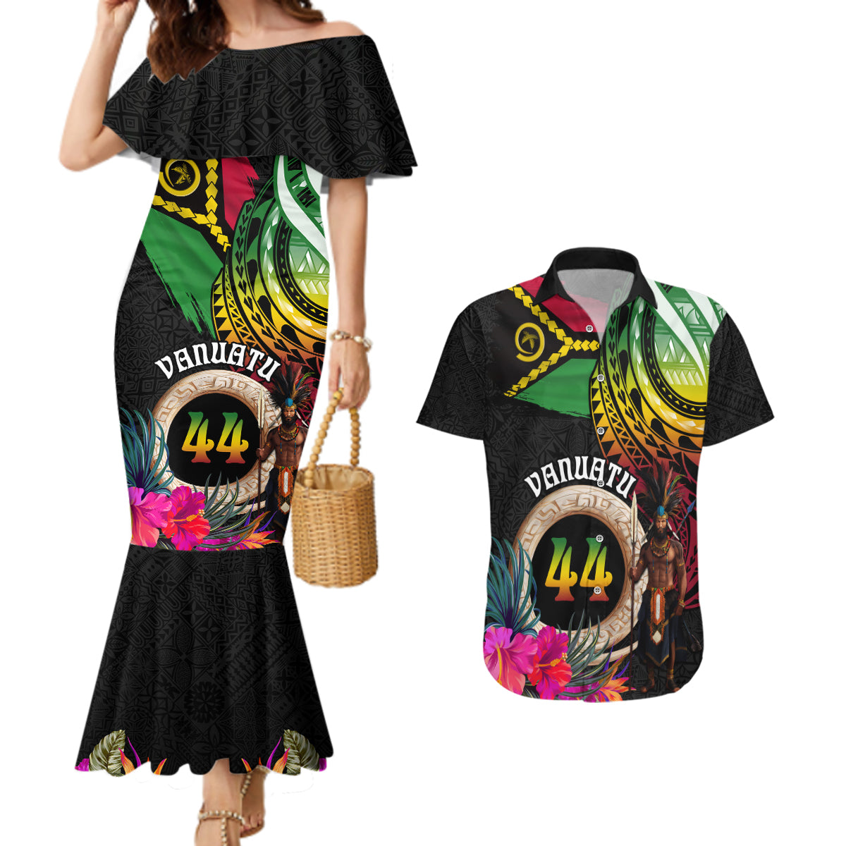 Personalised Vanuatu 44th Anniversary Couples Matching Mermaid Dress and Hawaiian Shirt Boars Tusk and Melanesian Warrior Indipendens Dei