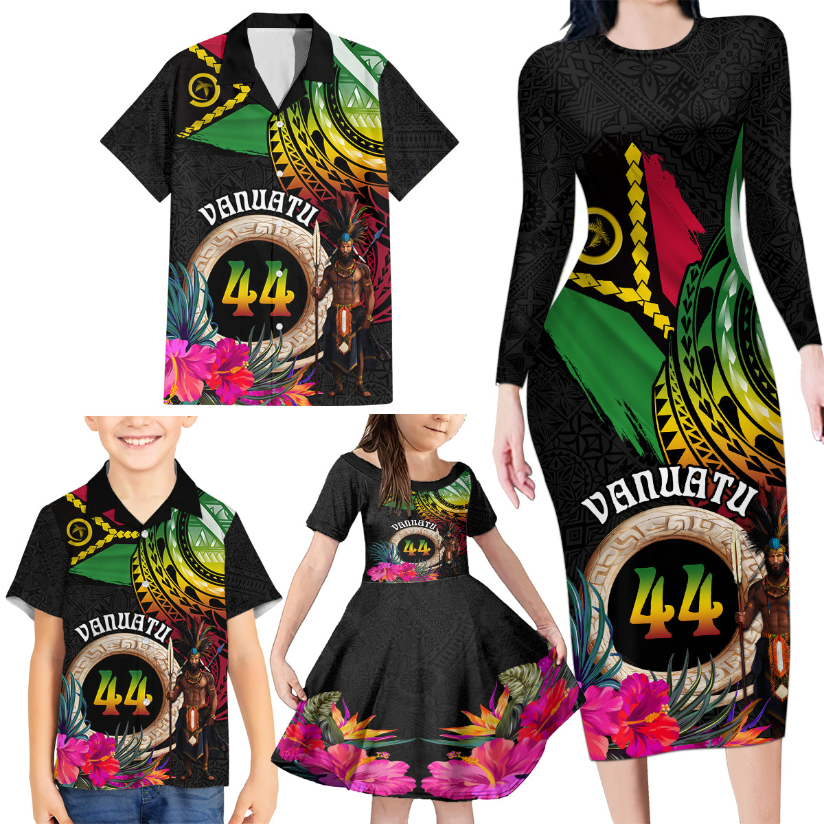 Personalised Vanuatu 44th Anniversary Family Matching Long Sleeve Bodycon Dress and Hawaiian Shirt Boars Tusk and Melanesian Warrior Indipendens Dei