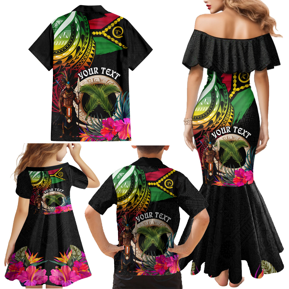 Personalised Vanuatu 44th Anniversary Family Matching Mermaid Dress and Hawaiian Shirt Boars Tusk and Melanesian Warrior Indipendens Dei