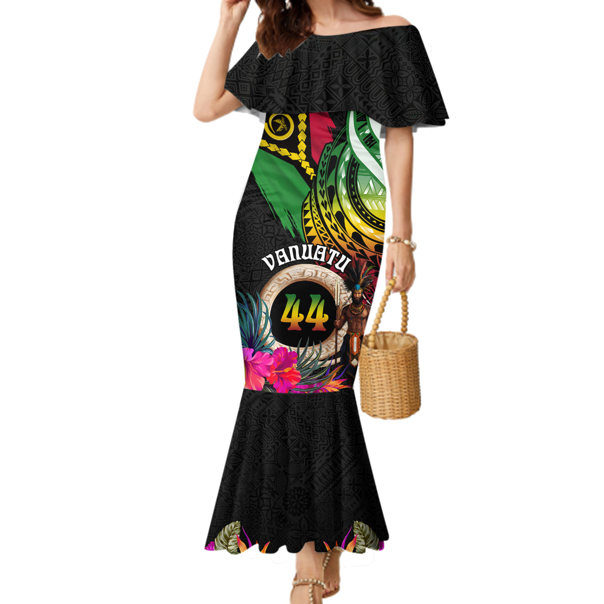 Personalised Vanuatu 44th Anniversary Family Matching Mermaid Dress and Hawaiian Shirt Boars Tusk and Melanesian Warrior Indipendens Dei