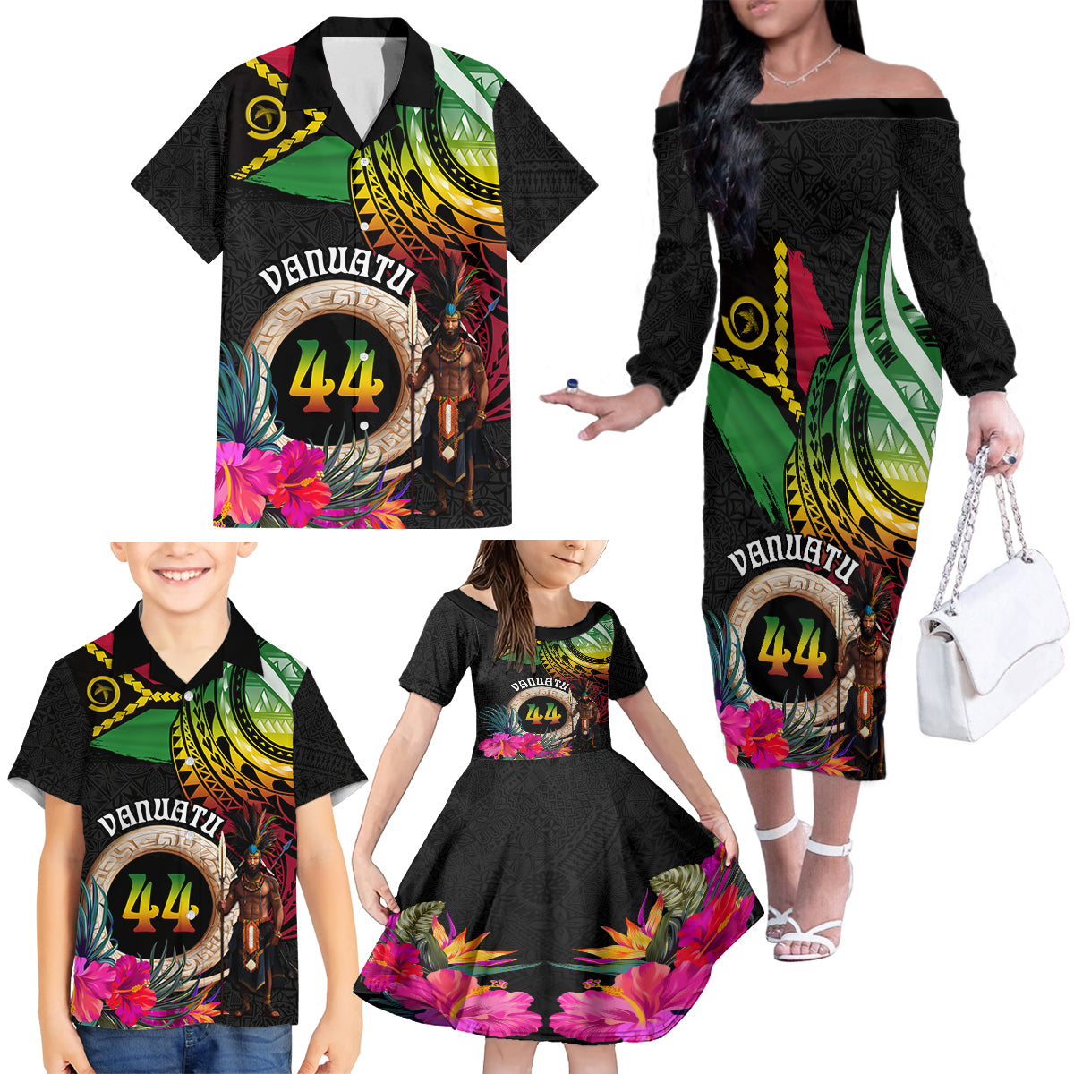 Personalised Vanuatu 44th Anniversary Family Matching Off The Shoulder Long Sleeve Dress and Hawaiian Shirt Boars Tusk and Melanesian Warrior Indipendens Dei