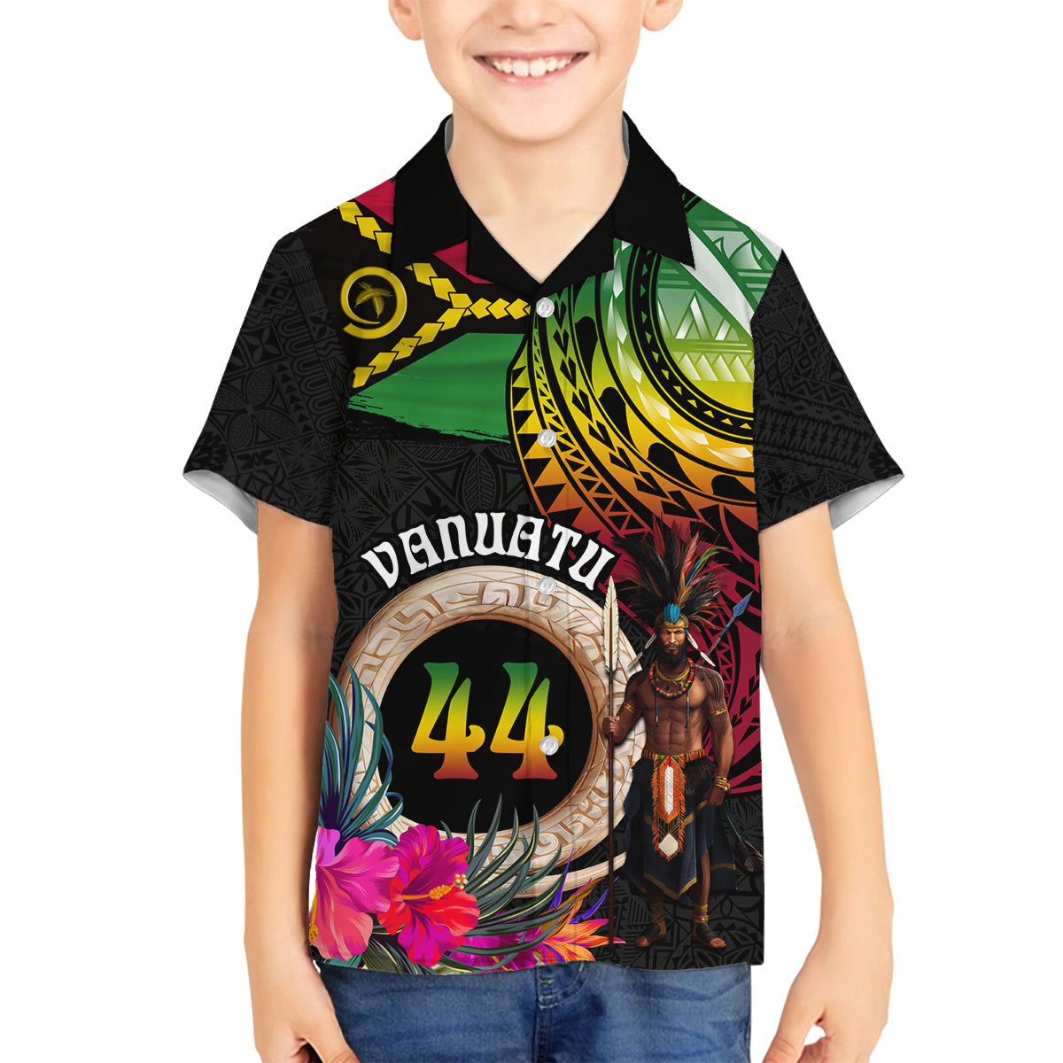 Personalised Vanuatu 44th Anniversary Family Matching Off The Shoulder Long Sleeve Dress and Hawaiian Shirt Boars Tusk and Melanesian Warrior Indipendens Dei