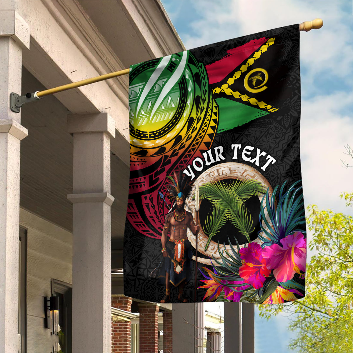 Personalised Vanuatu 44th Anniversary Garden Flag Boars Tusk and Melanesian Warrior Indipendens Dei LT03 House Flag Black - Polynesian Pride