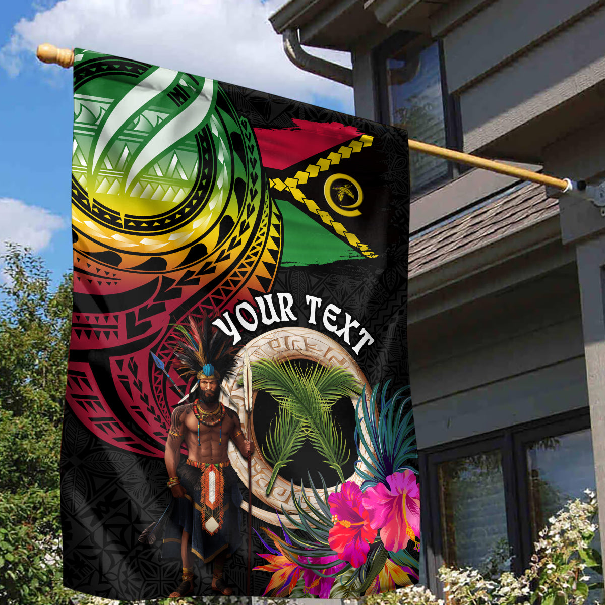 Personalised Vanuatu 44th Anniversary Garden Flag Boars Tusk and Melanesian Warrior Indipendens Dei LT03 - Polynesian Pride