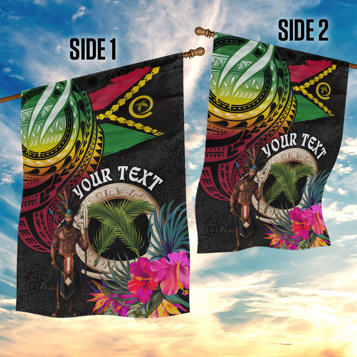 Personalised Vanuatu 44th Anniversary Garden Flag Boars Tusk and Melanesian Warrior Indipendens Dei LT03 - Polynesian Pride