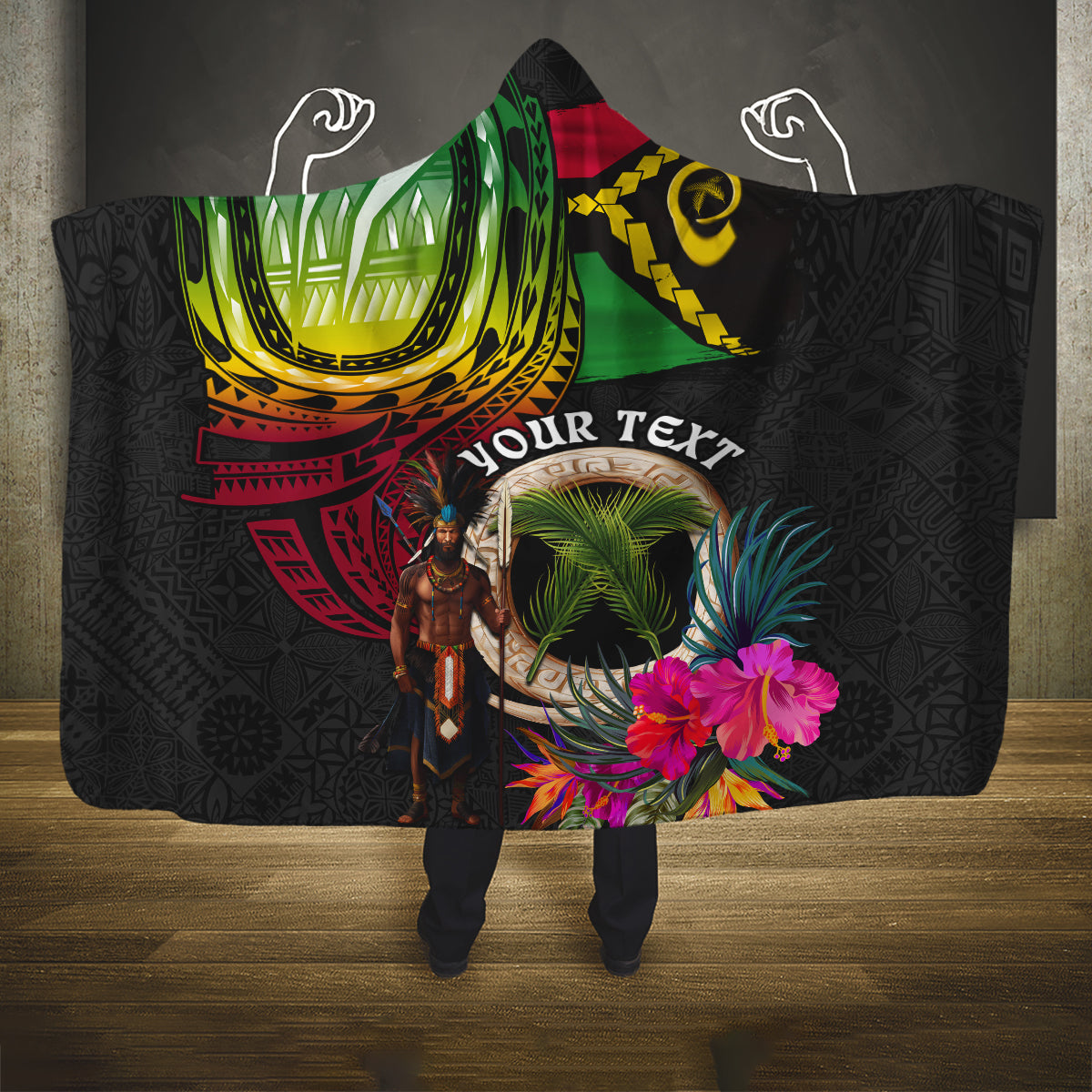 Personalised Vanuatu 44th Anniversary Hooded Blanket Boars Tusk and Melanesian Warrior Indipendens Dei LT03 One Size Black - Polynesian Pride