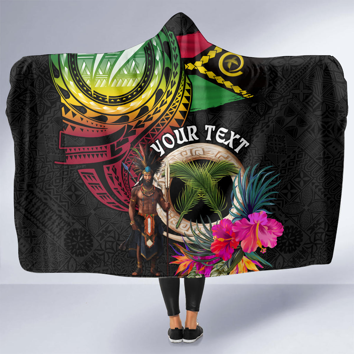 Personalised Vanuatu 44th Anniversary Hooded Blanket Boars Tusk and Melanesian Warrior Indipendens Dei LT03 - Polynesian Pride