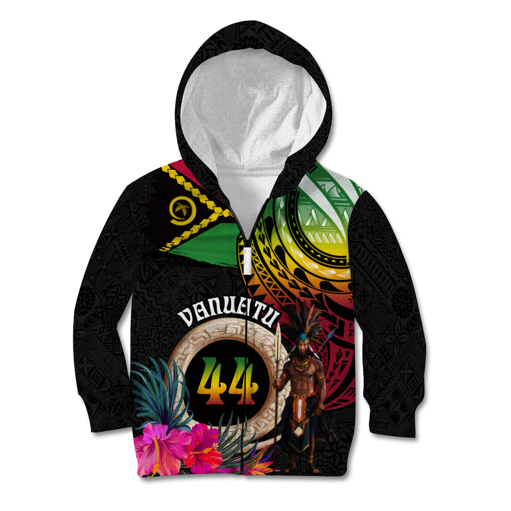 Personalised Vanuatu 44th Anniversary Kid Hoodie Boars Tusk and Melanesian Warrior Indipendens Dei