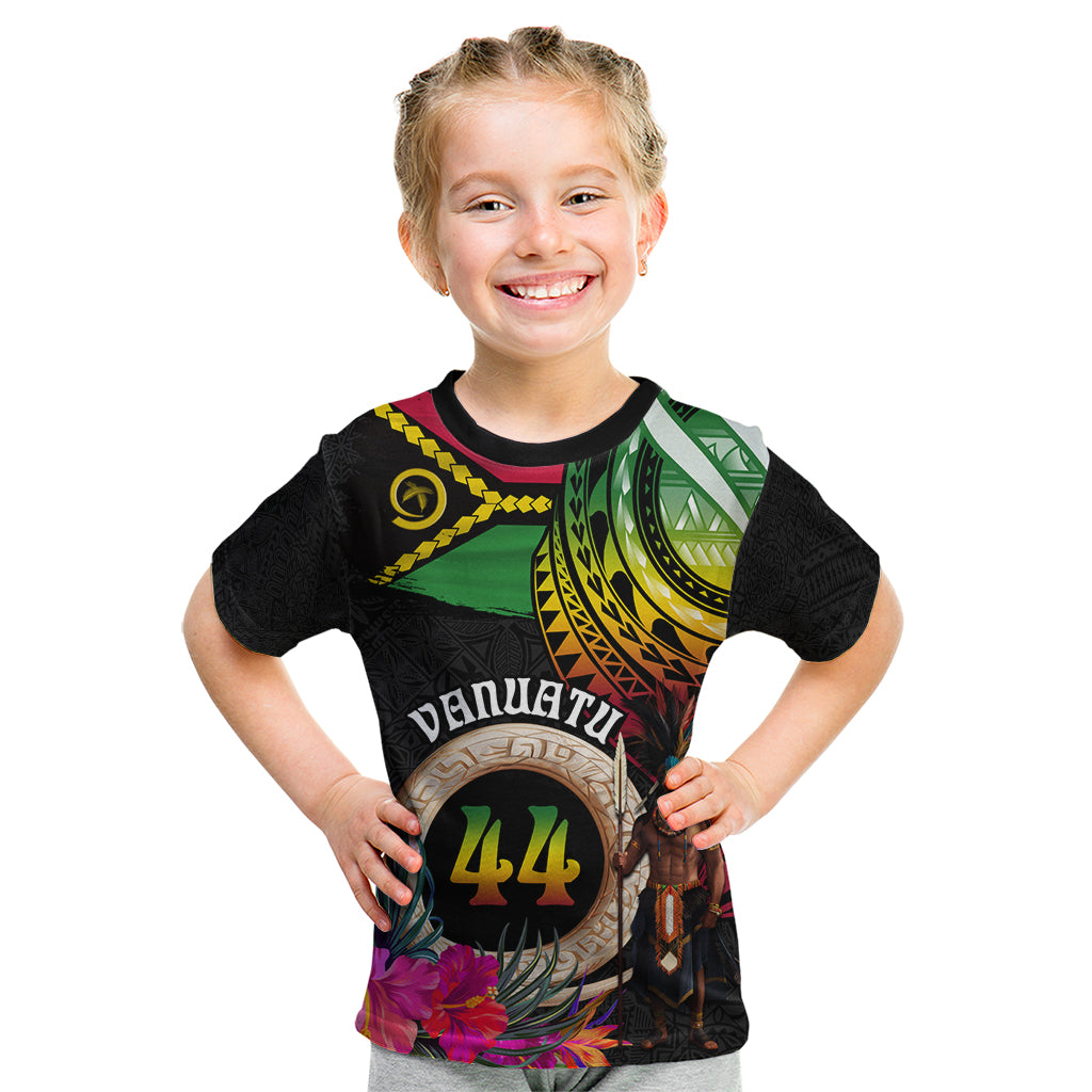 Personalised Vanuatu 44th Anniversary Kid T Shirt Boars Tusk and Melanesian Warrior Indipendens Dei