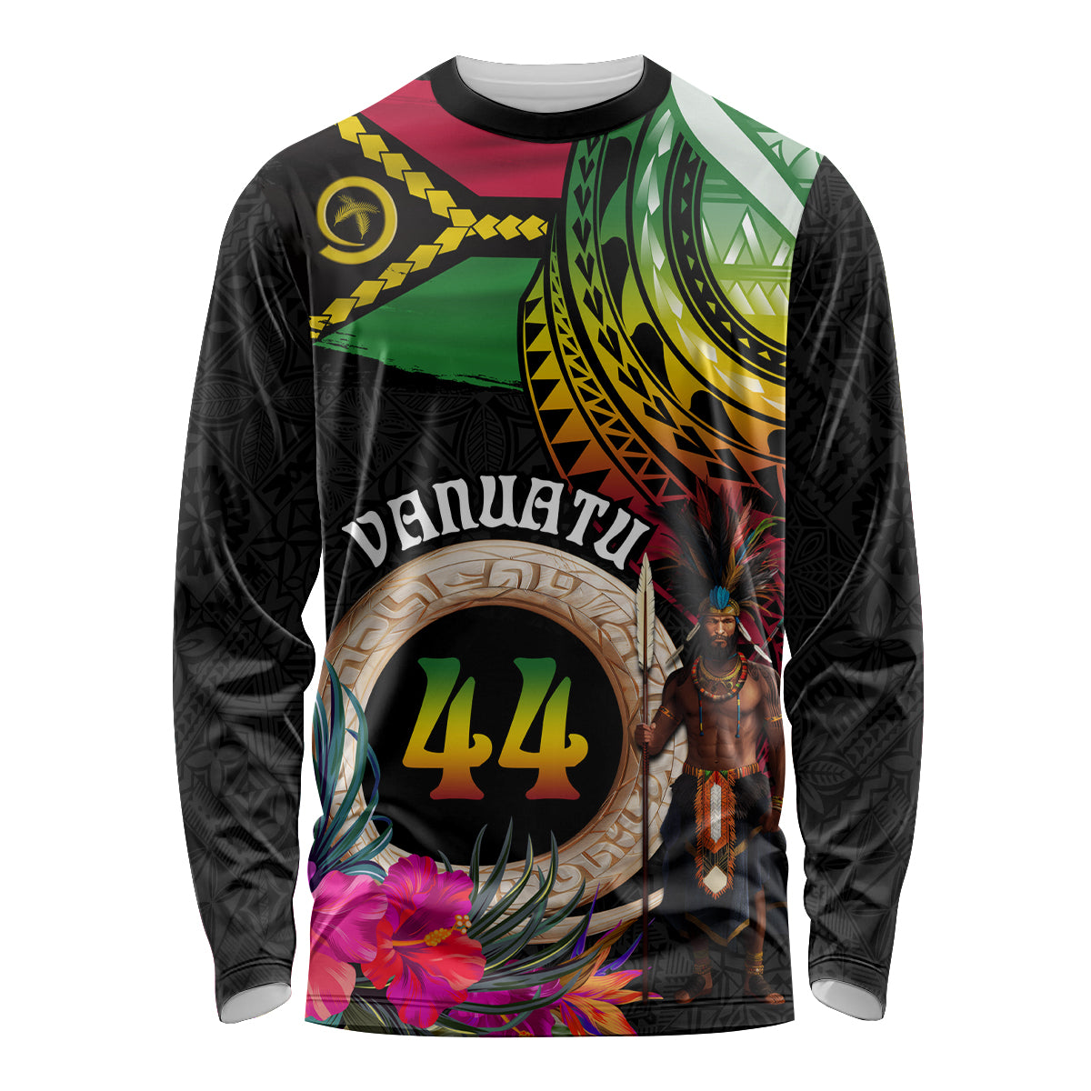 Personalised Vanuatu 44th Anniversary Long Sleeve Shirt Boars Tusk and Melanesian Warrior Indipendens Dei