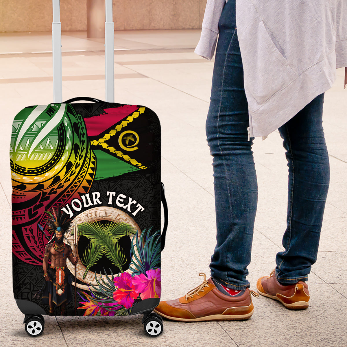 Personalised Vanuatu 44th Anniversary Luggage Cover Boars Tusk and Melanesian Warrior Indipendens Dei