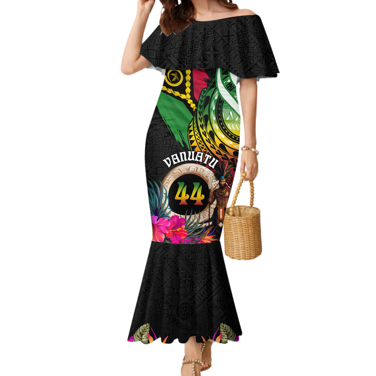 Personalised Vanuatu 44th Anniversary Mermaid Dress Boars Tusk and Melanesian Warrior Indipendens Dei