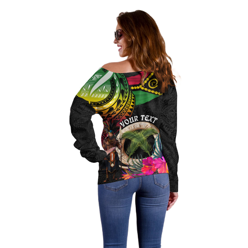 Personalised Vanuatu 44th Anniversary Off Shoulder Sweater Boars Tusk and Melanesian Warrior Indipendens Dei
