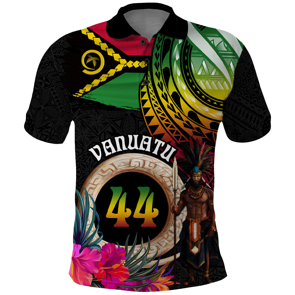 Personalised Vanuatu 44th Anniversary Polo Shirt Boars Tusk and Melanesian Warrior Indipendens Dei