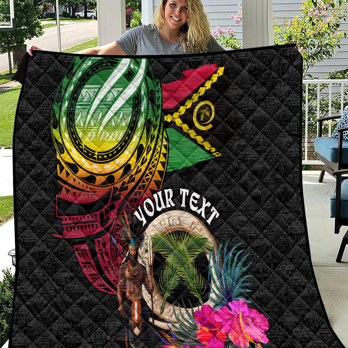 Personalised Vanuatu 44th Anniversary Quilt Boars Tusk and Melanesian Warrior Indipendens Dei