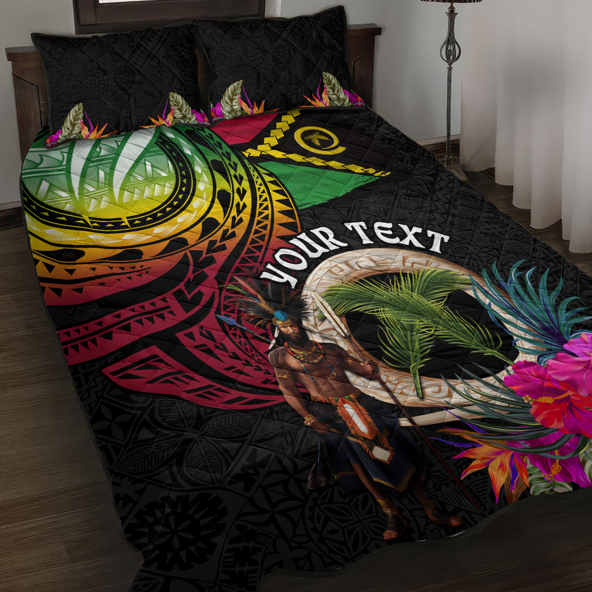 Personalised Vanuatu 44th Anniversary Quilt Bed Set Boars Tusk and Melanesian Warrior Indipendens Dei