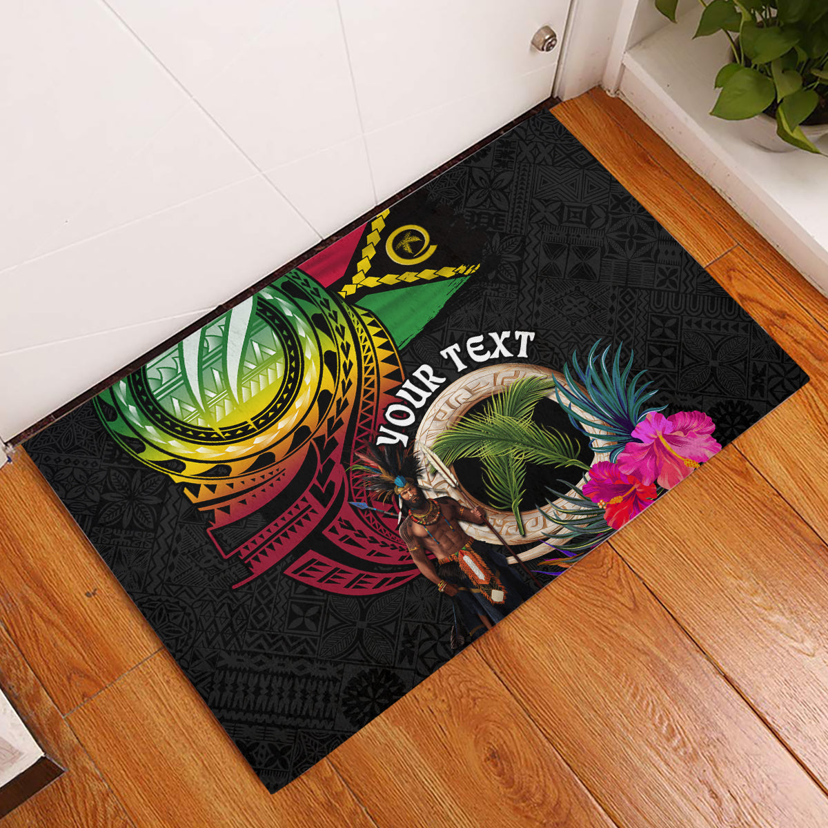 Personalised Vanuatu 44th Anniversary Rubber Doormat Boars Tusk and Melanesian Warrior Indipendens Dei LT03 Black - Polynesian Pride