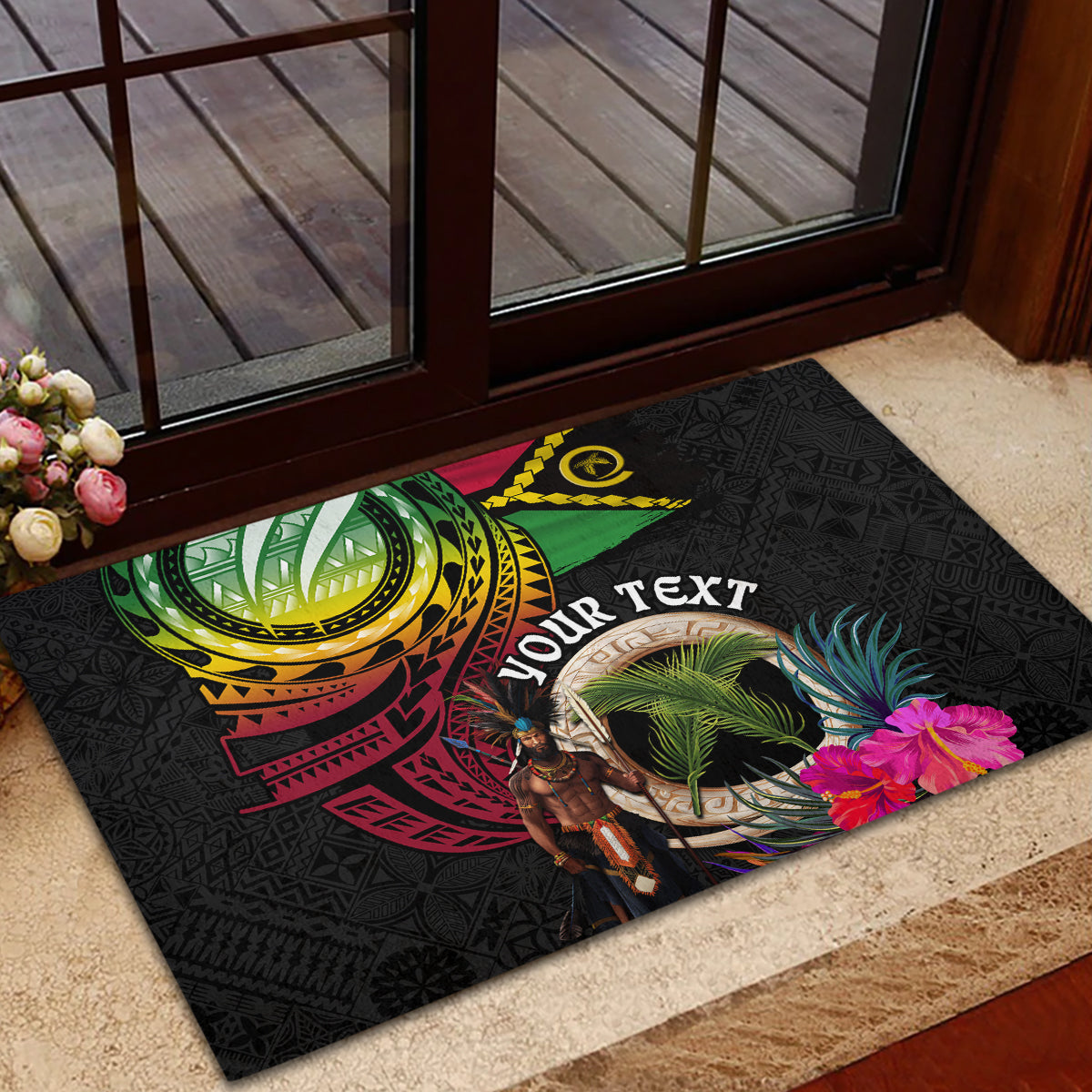 Personalised Vanuatu 44th Anniversary Rubber Doormat Boars Tusk and Melanesian Warrior Indipendens Dei LT03 - Polynesian Pride