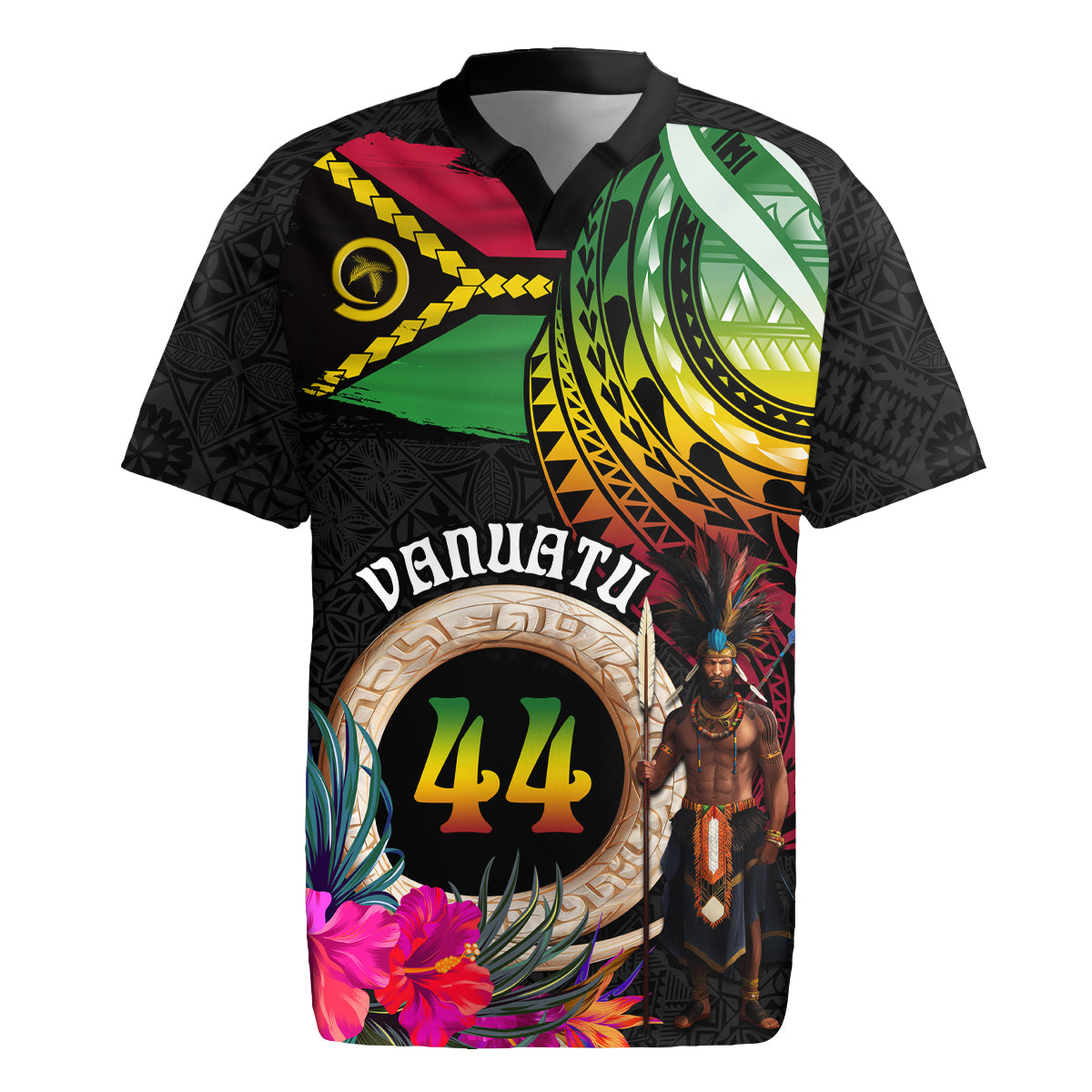 Personalised Vanuatu 44th Anniversary Rugby Jersey Boars Tusk and Melanesian Warrior Indipendens Dei LT03 Black - Polynesian Pride