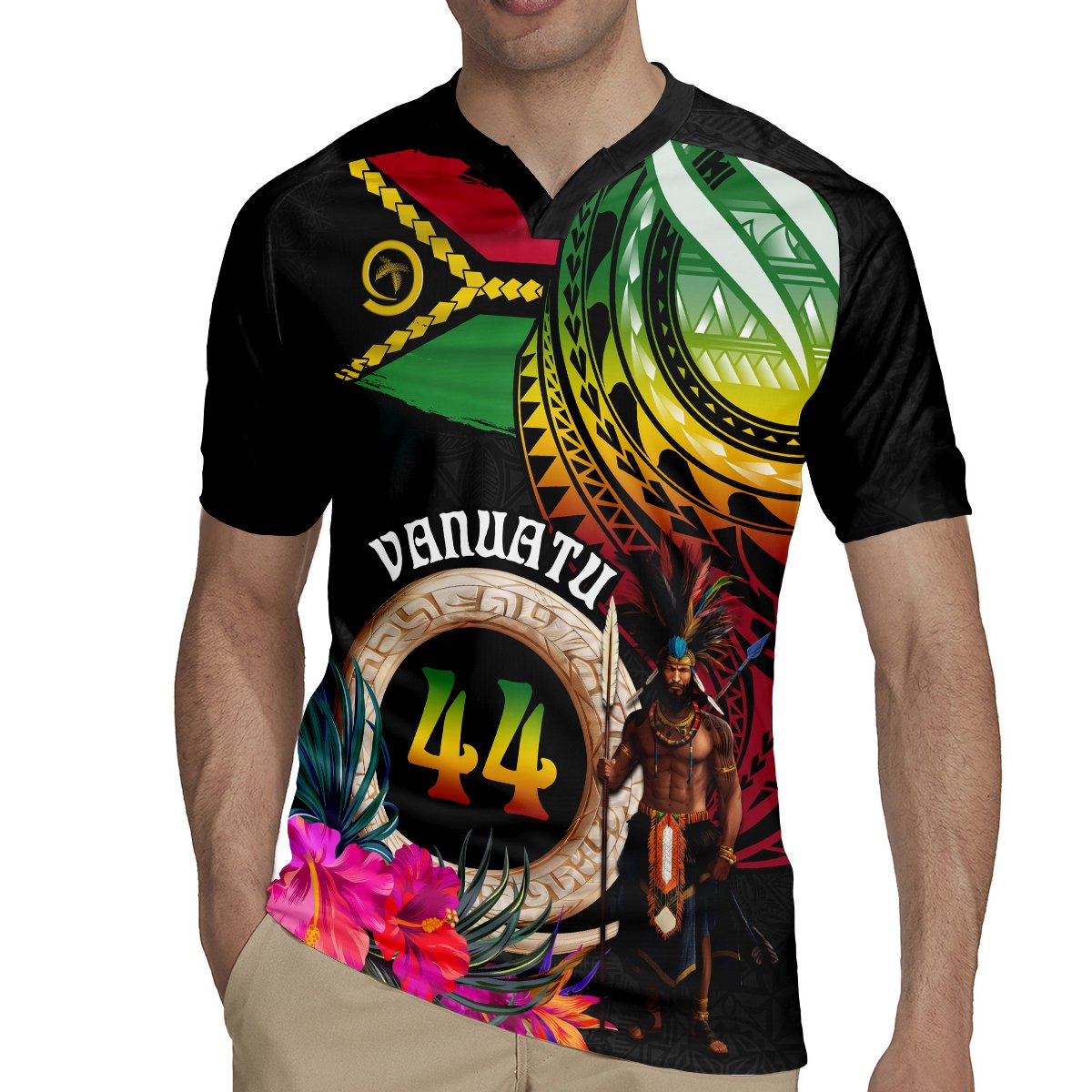 Personalised Vanuatu 44th Anniversary Rugby Jersey Boars Tusk and Melanesian Warrior Indipendens Dei LT03 - Polynesian Pride
