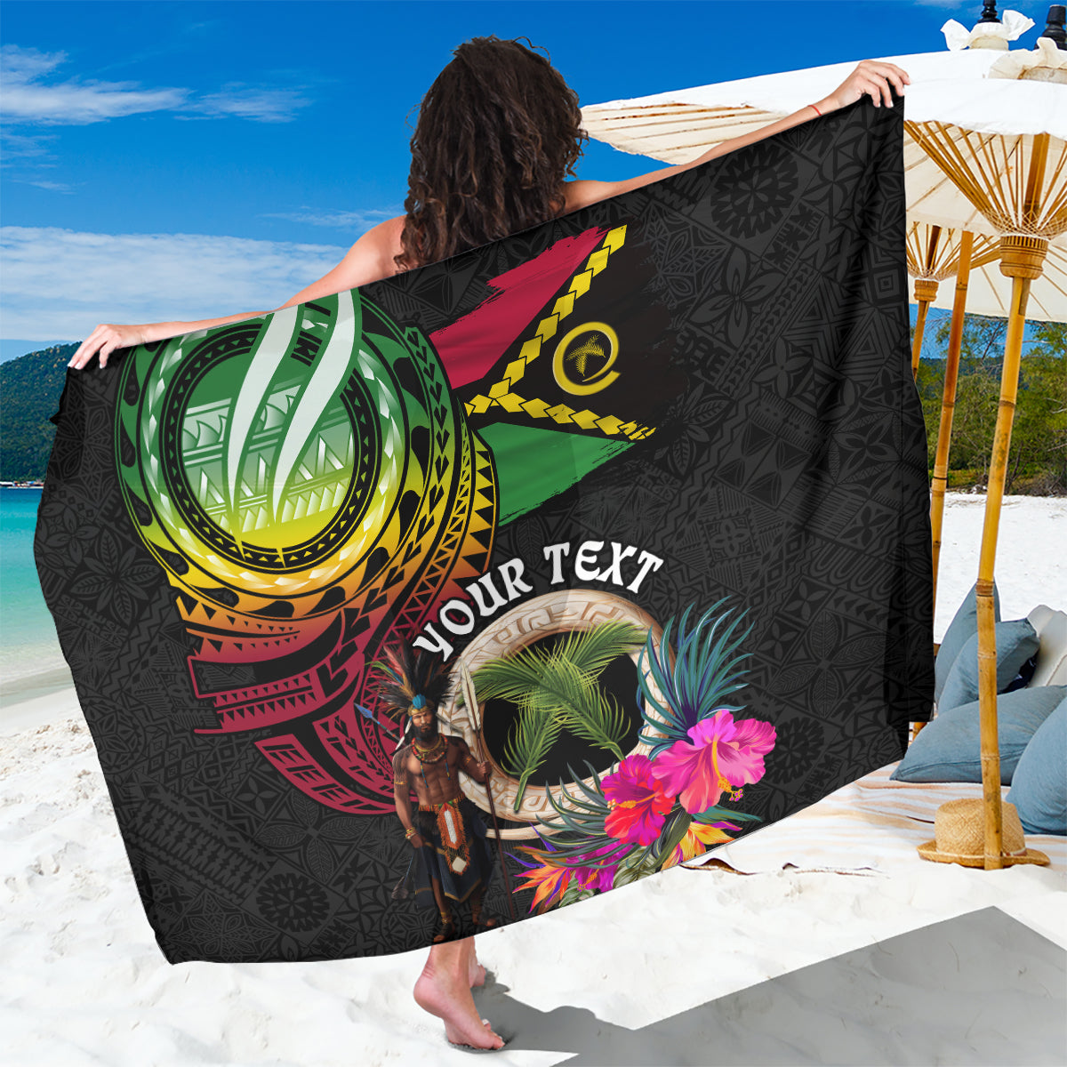 Personalised Vanuatu 44th Anniversary Sarong Boars Tusk and Melanesian Warrior Indipendens Dei