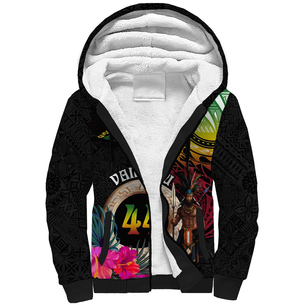 Personalised Vanuatu 44th Anniversary Sherpa Hoodie Boars Tusk and Melanesian Warrior Indipendens Dei LT03 Unisex Black - Polynesian Pride