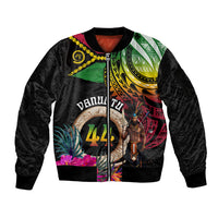 Personalised Vanuatu 44th Anniversary Sleeve Zip Bomber Jacket Boars Tusk and Melanesian Warrior Indipendens Dei LT03 Unisex Black - Polynesian Pride