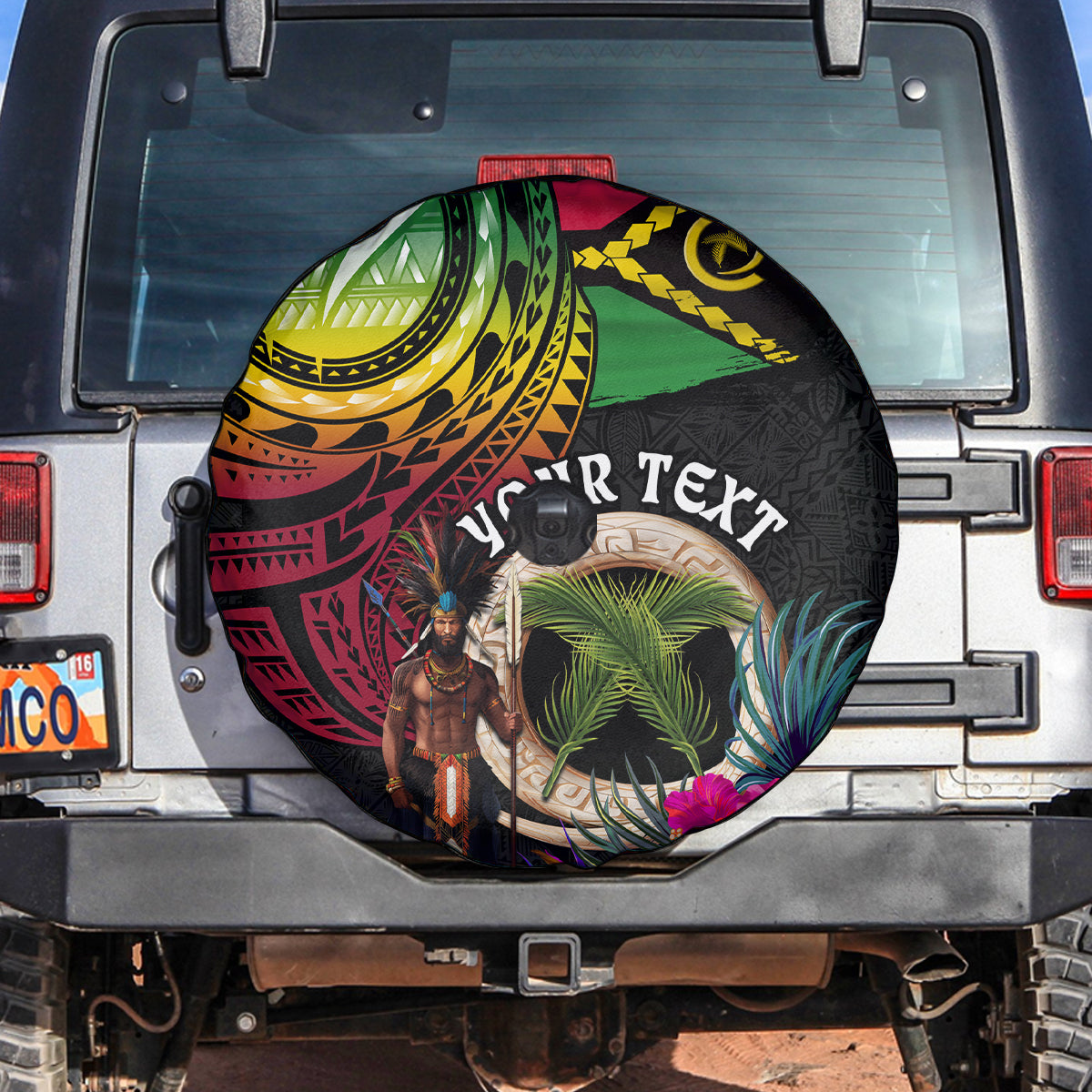 Personalised Vanuatu 44th Anniversary Spare Tire Cover Boars Tusk and Melanesian Warrior Indipendens Dei