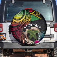 Personalised Vanuatu 44th Anniversary Spare Tire Cover Boars Tusk and Melanesian Warrior Indipendens Dei LT03 Black - Polynesian Pride