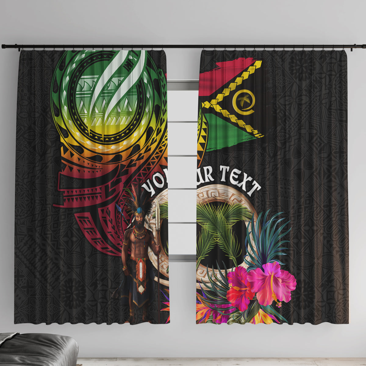 Personalised Vanuatu 44th Anniversary Window Curtain Boars Tusk and Melanesian Warrior Indipendens Dei