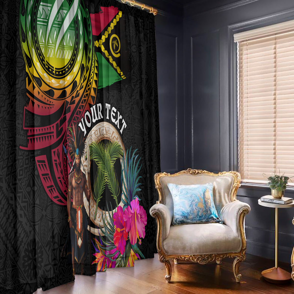 Personalised Vanuatu 44th Anniversary Window Curtain Boars Tusk and Melanesian Warrior Indipendens Dei LT03 - Polynesian Pride
