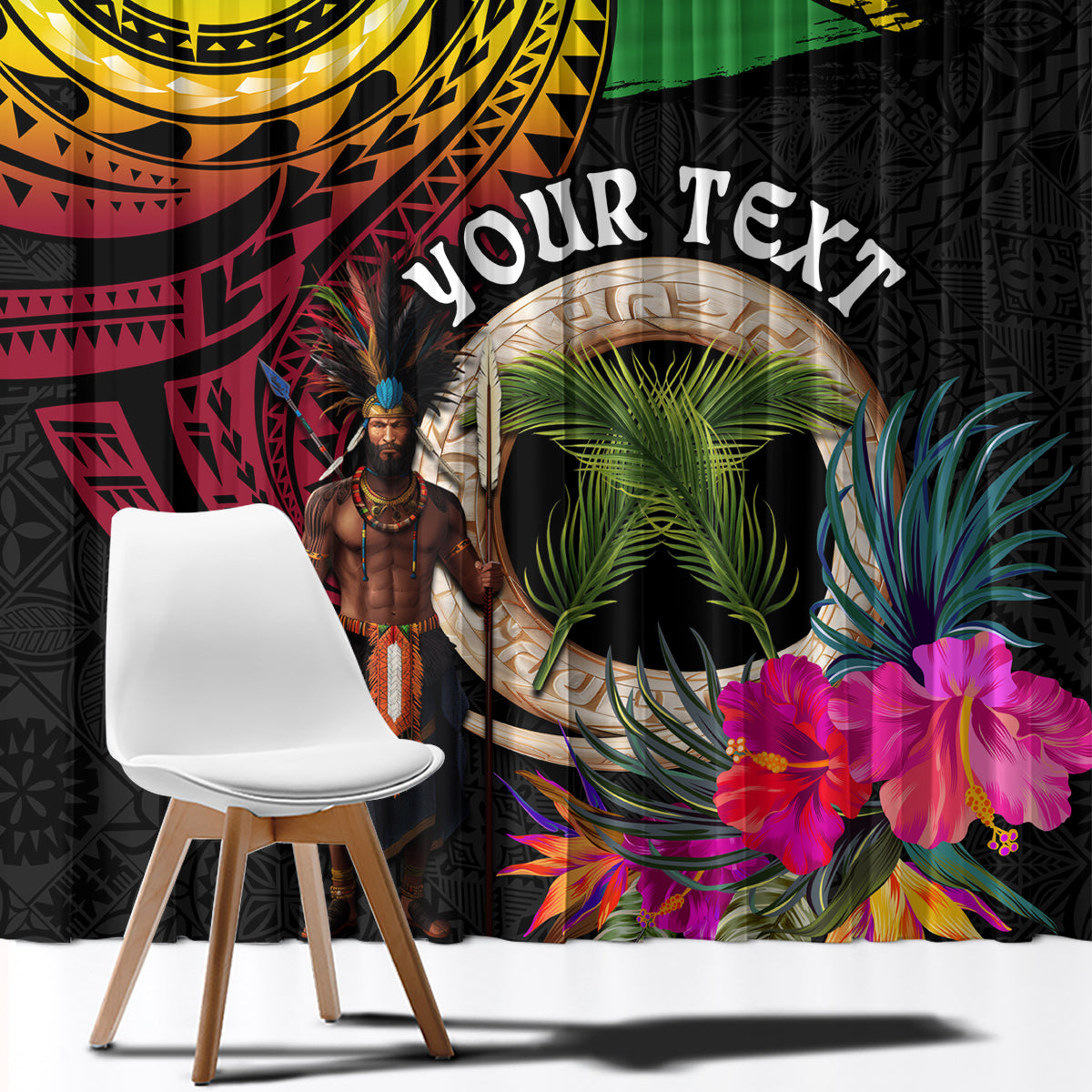 Personalised Vanuatu 44th Anniversary Window Curtain Boars Tusk and Melanesian Warrior Indipendens Dei LT03 - Polynesian Pride