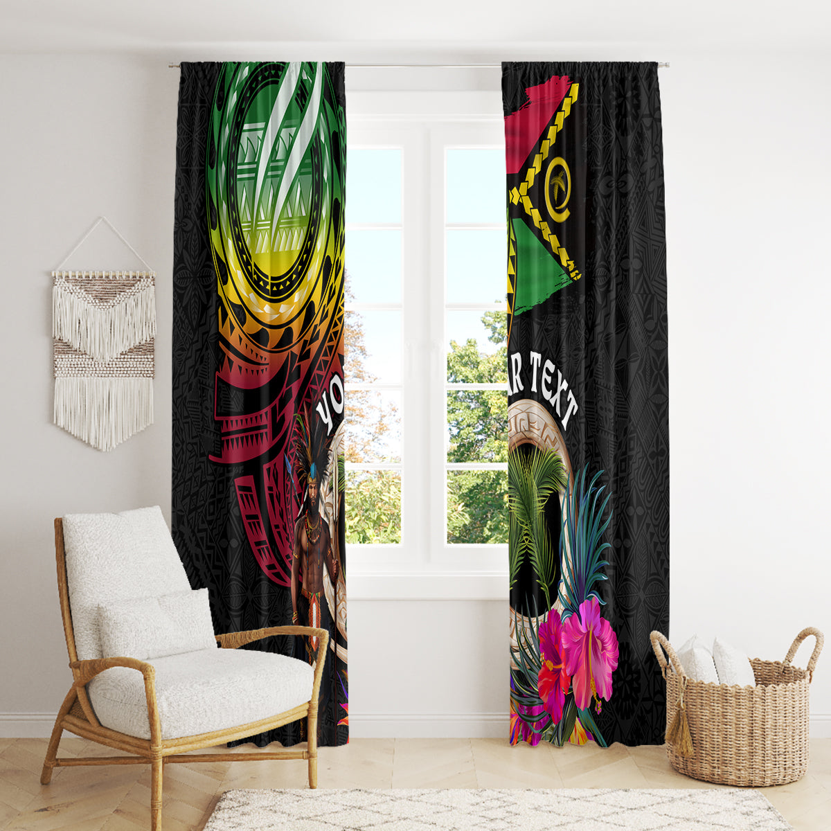 Personalised Vanuatu 44th Anniversary Window Curtain Boars Tusk and Melanesian Warrior Indipendens Dei LT03 - Polynesian Pride
