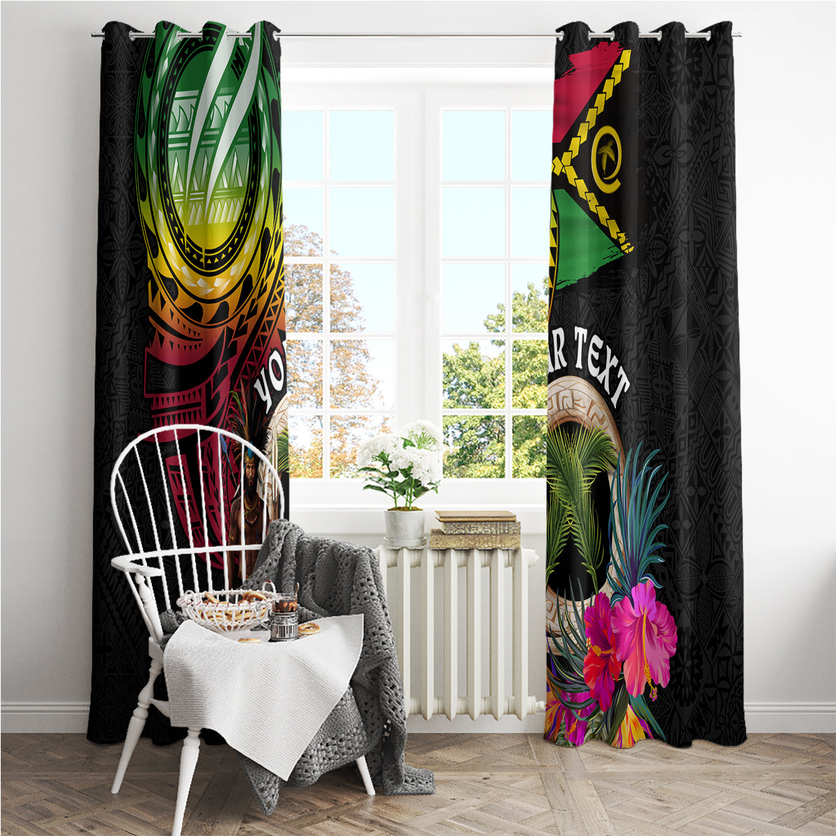 Personalised Vanuatu 44th Anniversary Window Curtain Boars Tusk and Melanesian Warrior Indipendens Dei LT03 - Polynesian Pride