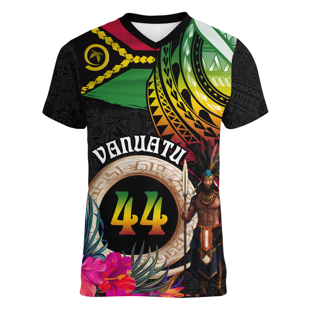 Personalised Vanuatu 44th Anniversary Women V-Neck T-Shirt Boars Tusk and Melanesian Warrior Indipendens Dei