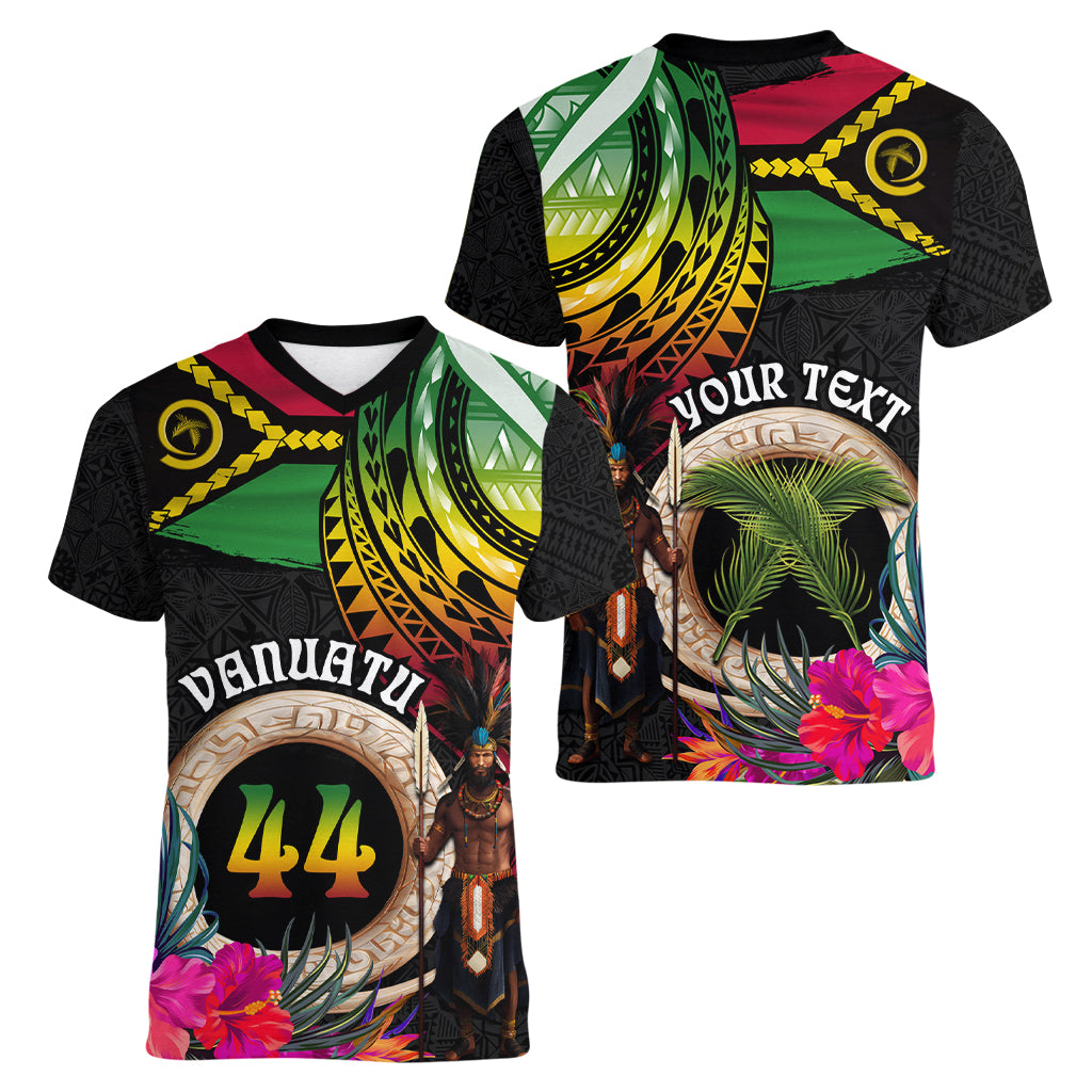 Personalised Vanuatu 44th Anniversary Women V-Neck T-Shirt Boars Tusk and Melanesian Warrior Indipendens Dei