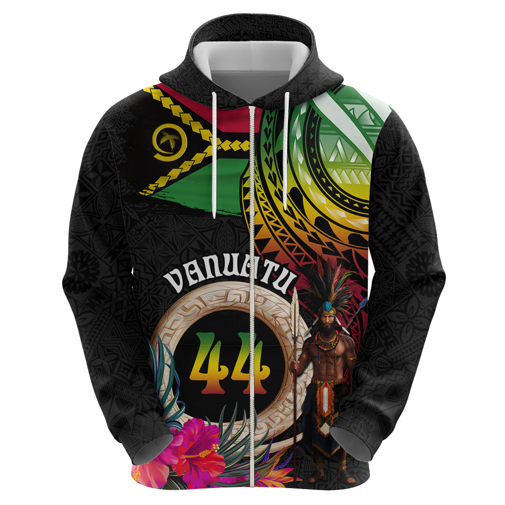 Personalised Vanuatu 44th Anniversary Zip Hoodie Boars Tusk and Melanesian Warrior Indipendens Dei