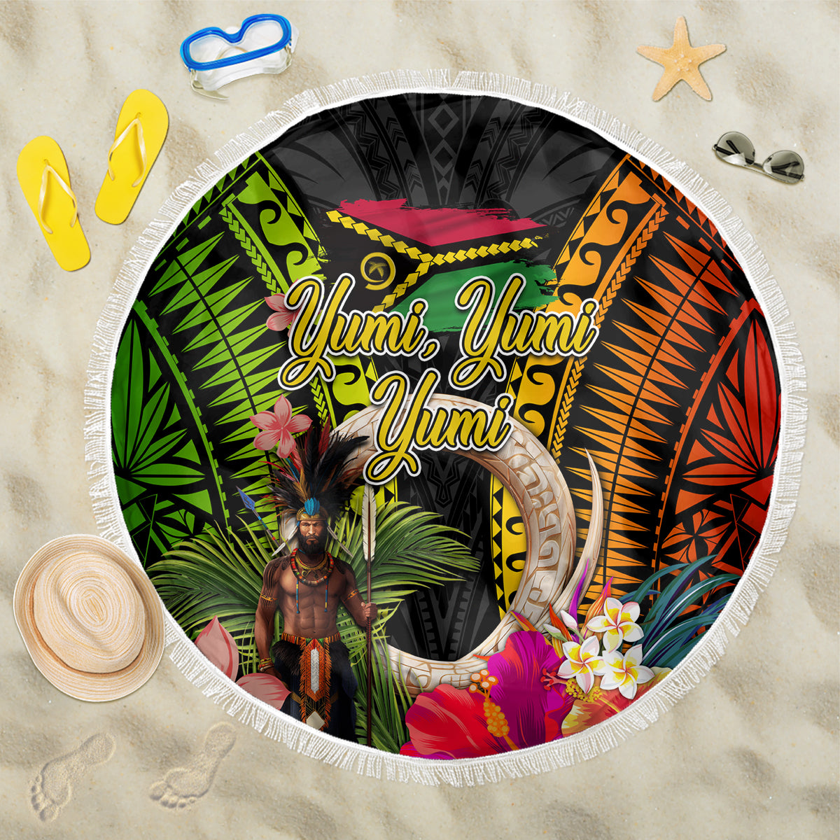 Vanuatu Independence Day Beach Blanket Boars Tusk and Melanesian Warrior Indipendens Dei LT03 One Size 150cm Black - Polynesian Pride