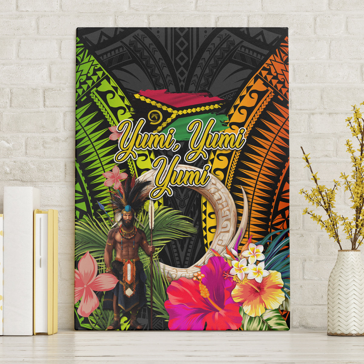 Vanuatu Independence Day Canvas Wall Art Boars Tusk and Melanesian Warrior Indipendens Dei LT03 Without Frame Black - Polynesian Pride