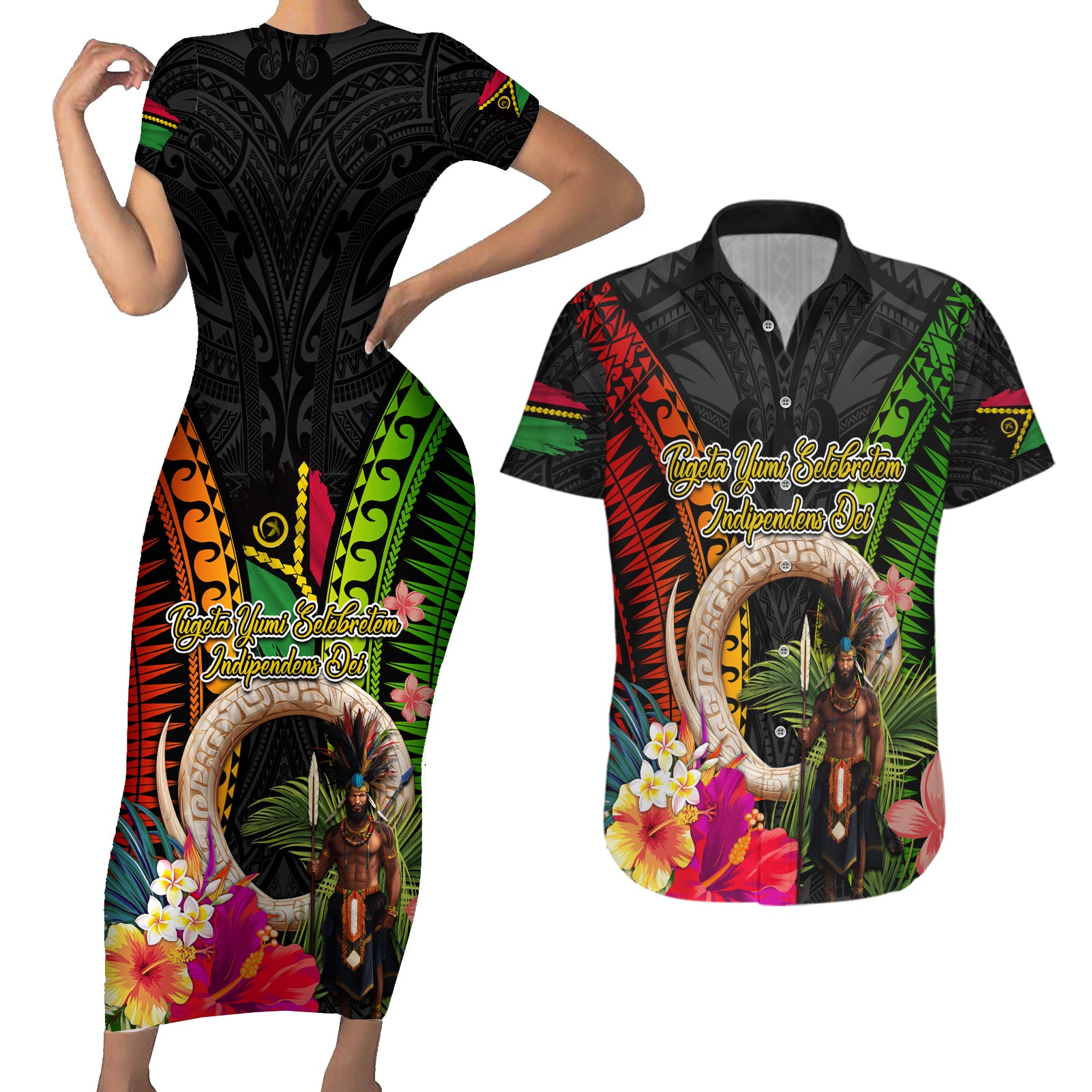 Vanuatu Independence Day Couples Matching Short Sleeve Bodycon Dress and Hawaiian Shirt Boars Tusk and Melanesian Warrior Indipendens Dei