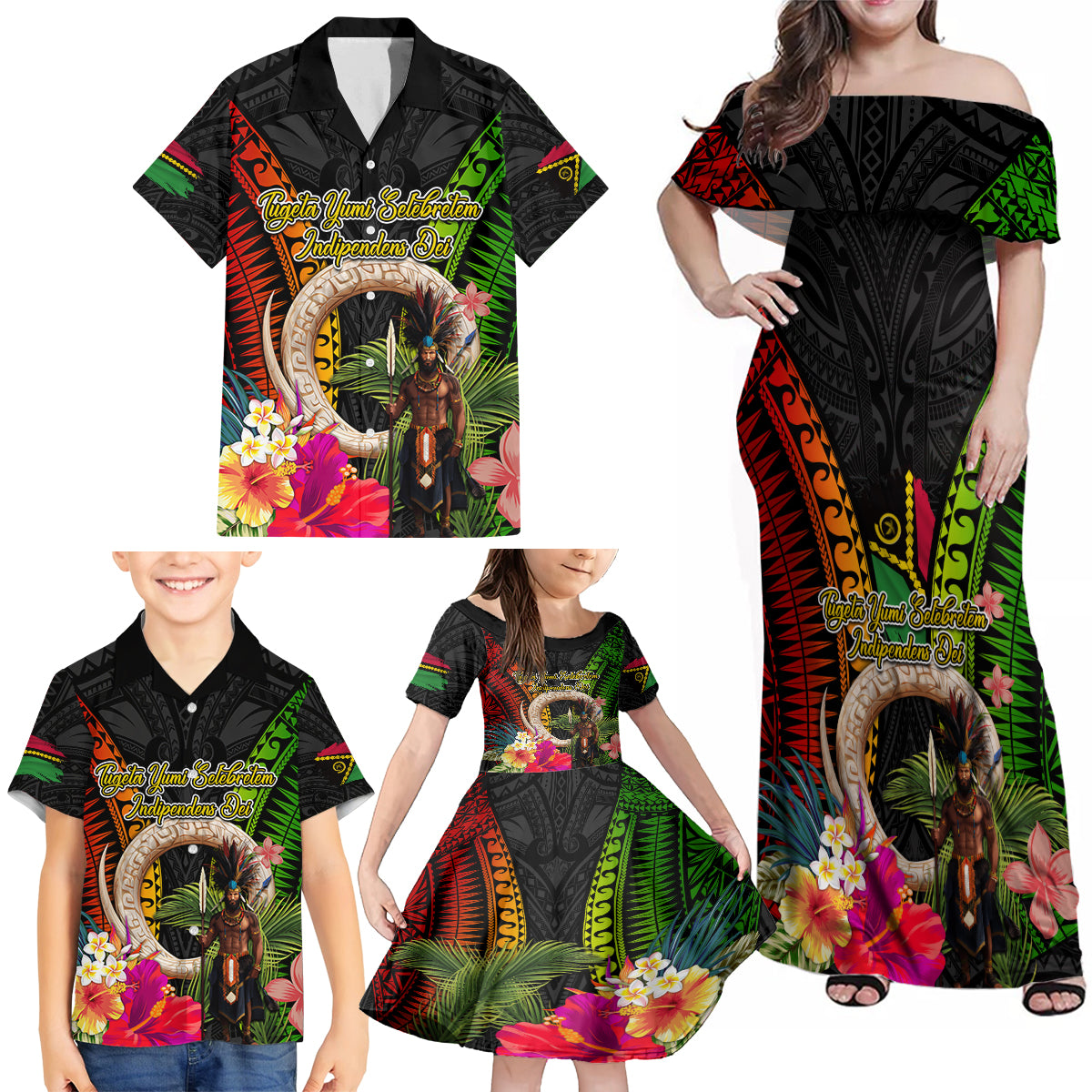 Vanuatu Independence Day Family Matching Off Shoulder Maxi Dress and Hawaiian Shirt Boars Tusk and Melanesian Warrior Indipendens Dei