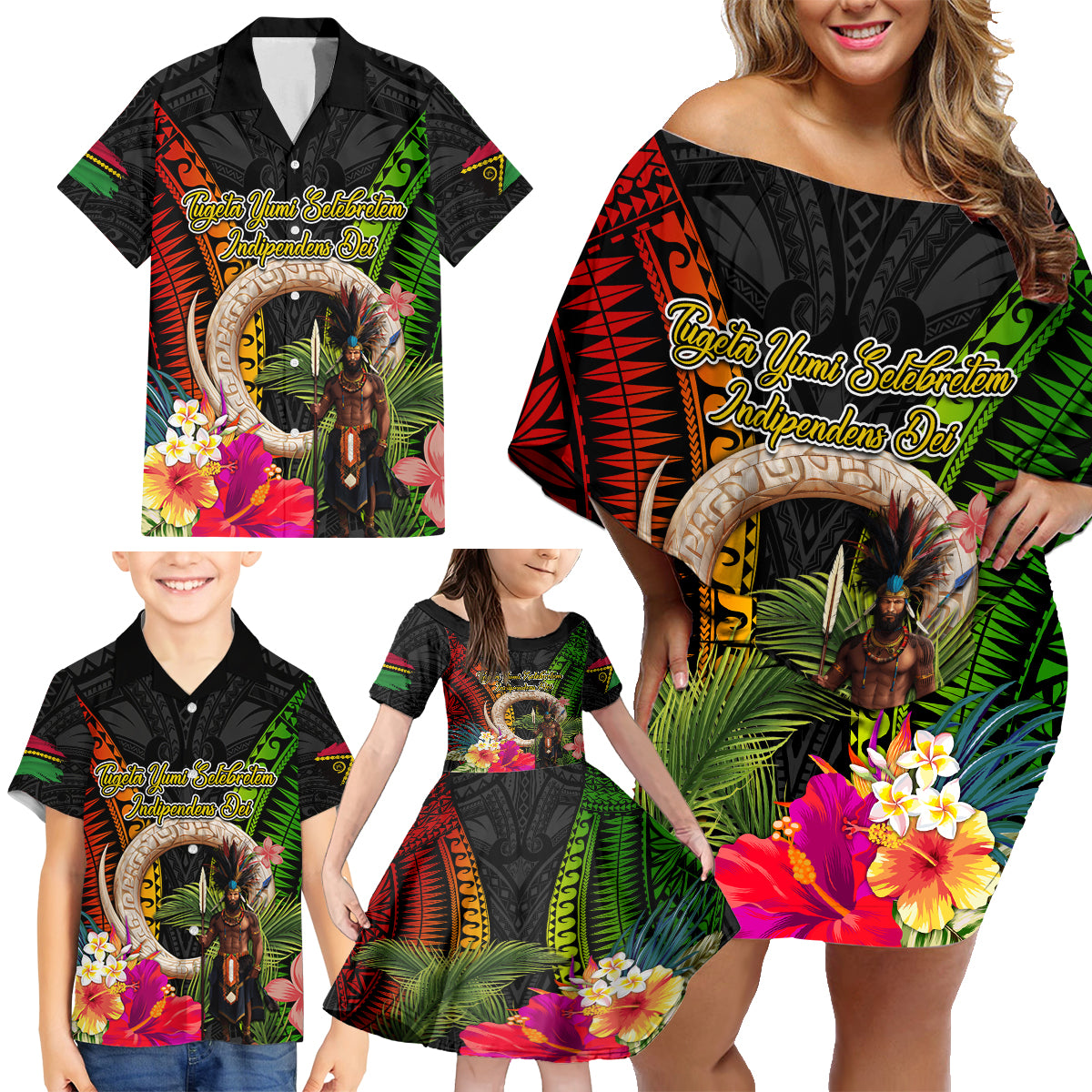 Vanuatu Independence Day Family Matching Off Shoulder Short Dress and Hawaiian Shirt Boars Tusk and Melanesian Warrior Indipendens Dei