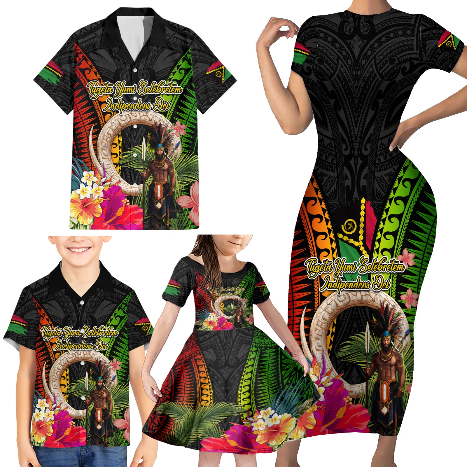 Vanuatu Independence Day Family Matching Short Sleeve Bodycon Dress and Hawaiian Shirt Boars Tusk and Melanesian Warrior Indipendens Dei