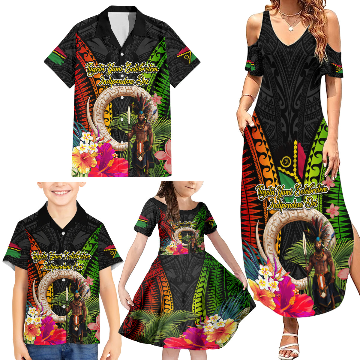 Vanuatu Independence Day Family Matching Summer Maxi Dress and Hawaiian Shirt Boars Tusk and Melanesian Warrior Indipendens Dei