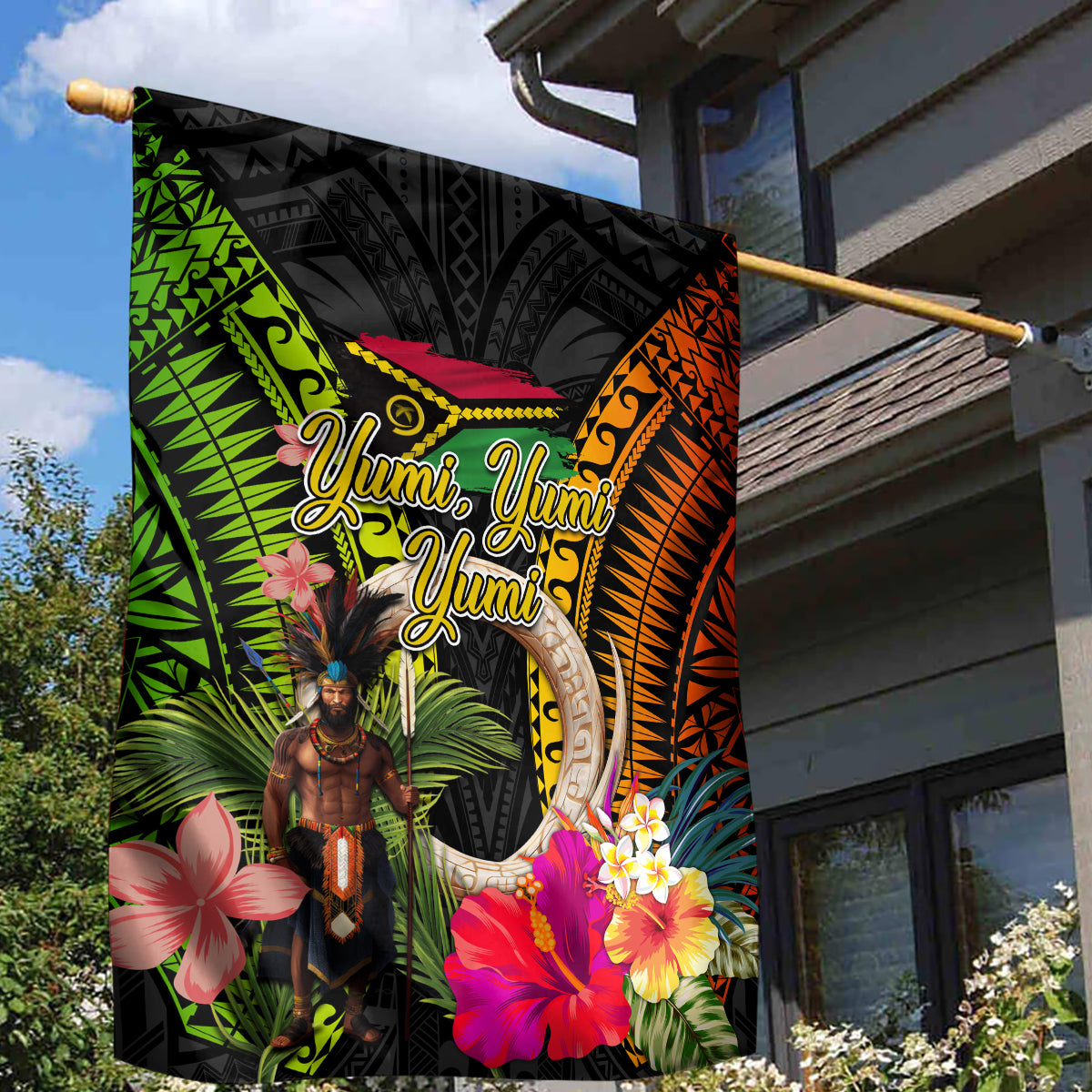 Vanuatu Independence Day Garden Flag Boars Tusk and Melanesian Warrior Indipendens Dei LT03 - Polynesian Pride