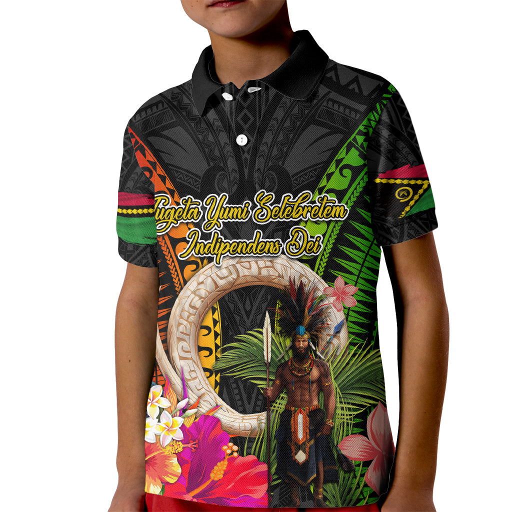 Vanuatu Independence Day Kid Polo Shirt Boars Tusk and Melanesian Warrior Indipendens Dei