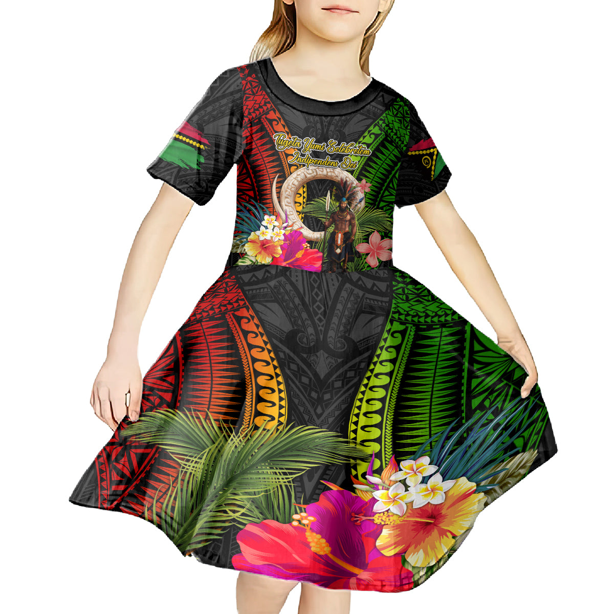 Vanuatu Independence Day Kid Short Sleeve Dress Boars Tusk and Melanesian Warrior Indipendens Dei