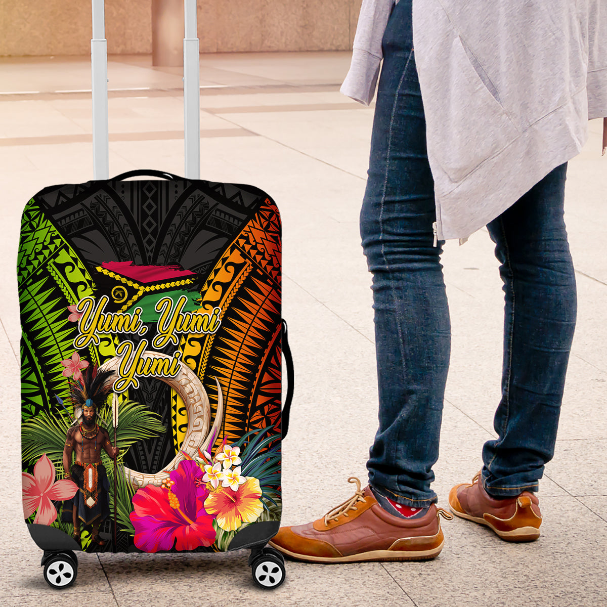 Vanuatu Independence Day Luggage Cover Boars Tusk and Melanesian Warrior Indipendens Dei