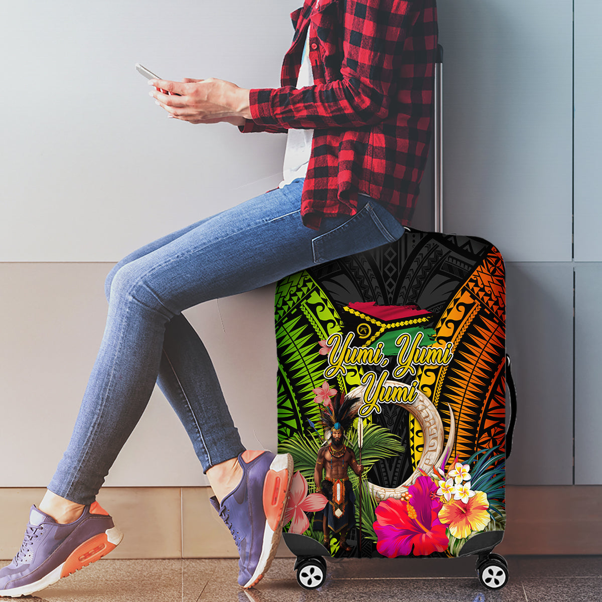 Vanuatu Independence Day Luggage Cover Boars Tusk and Melanesian Warrior Indipendens Dei